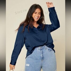 NEW SHEIN Plus Solid Button Up Satin Shirt
